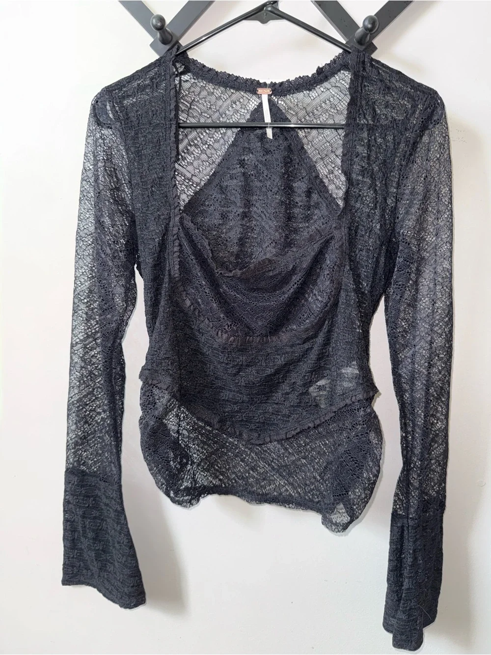 Free People Black Sheer Lace Long-Sleeve Top